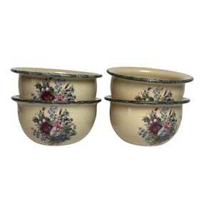 Home & Garden‎ Party Floral Stoneware 4 Bowls Cottage Cream Green Rim USA 2001